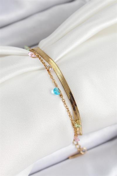 316L Çelik Gold Renk Karışık Renkli Kristal Taşlı 2li Kadın Bileklik – PRT3500EB06720