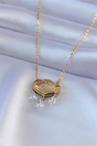 316L Çelik Gold Renk Lotus Model Zirkon Taşlı Kadın Kolye – PRT3500EB00535