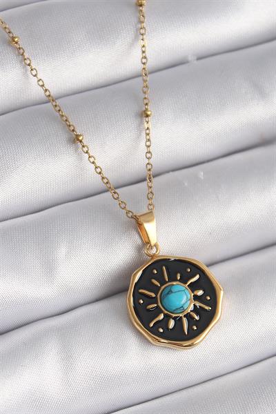 316L Çelik Gold Renk Mavi Boncuk Güneş İşleme Madalyon Model Kadın Kolye – PRT3500EB02986