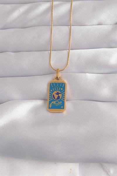 316L Çelik Gold Renk Mavi Mineli El Figür Tarot Kolye – PRT3500EB02147