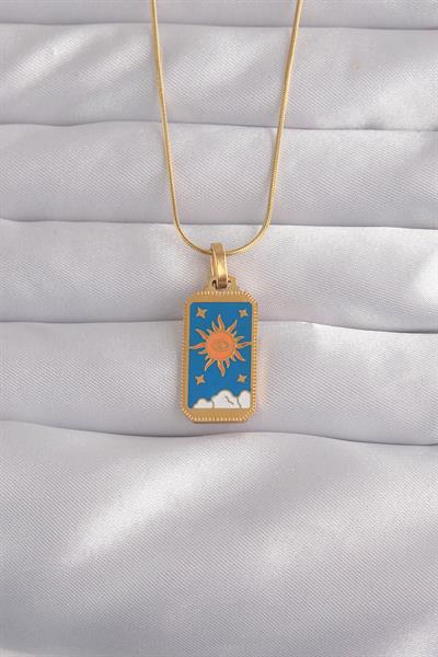 316L Çelik Gold Renk Mavi Mineli Güneş Model Tarot Kolye – PRT3500EB02134