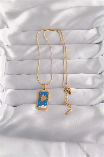 316L Çelik Gold Renk Mavi Mineli Güneş Model Tarot Kolye – PRT3500EB02134