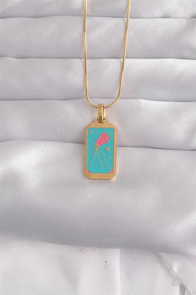 316L Çelik Gold Renk Mavi Mineli Tarot Kolye – PRT3500EB02138