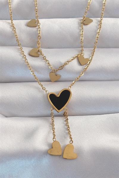316L Çelik Gold Renk Mineli Çoklu Kalp Kolye – PRT3500EB01996