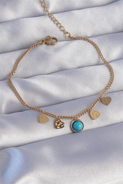316L Çelik Gold Renk Minimal Kalpli Mavi Taş Detaylı Bileklik – PRT3500EB01847