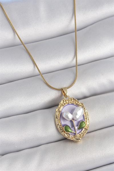 316L Çelik Gold Renk Mor İncili Çiçek İşlemeli Portre Model Kadın Kolye – PRT3500EB05800