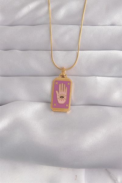 316L Çelik Gold Renk Mor Mineli El Figür Tarot Kolye – PRT3500EB02142