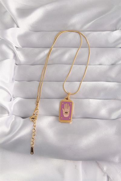 316L Çelik Gold Renk Mor Mineli El Figür Tarot Kolye – PRT3500EB02142