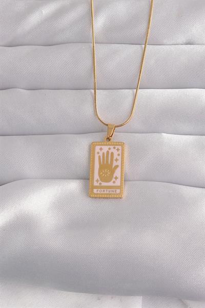316L Çelik Gold Renk Pembe Mineli El Figür Tarot Kolye – PRT3500EB02139