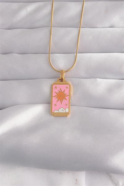 316L Çelik Gold Renk Pembe Mineli Güneş Model Tarot Kolye – PRT3500EB02137