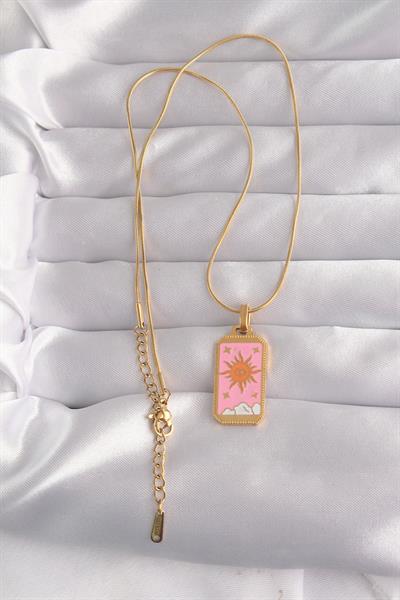 316L Çelik Gold Renk Pembe Mineli Güneş Model Tarot Kolye – PRT3500EB02137