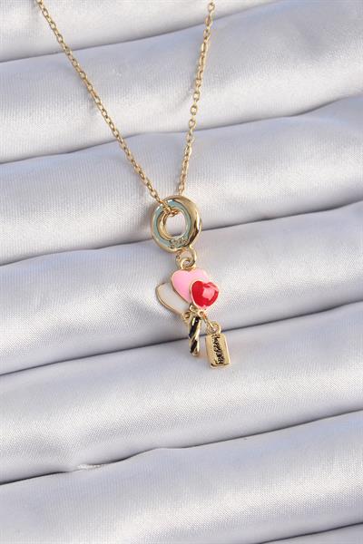 316L Çelik Gold Renk Renkli Kalp Figür Charm Model Kadın Kolye – PRT3500EB02463