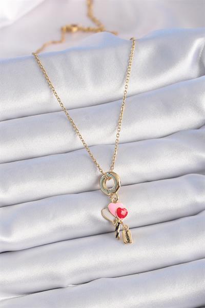 316L Çelik Gold Renk Renkli Kalp Figür Charm Model Kadın Kolye – PRT3500EB02463