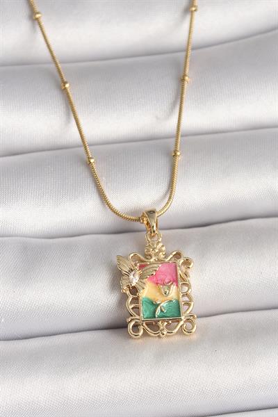 316L Çelik Gold Renk Renkli Zirkon Taşlı Kelebek İşlemeli Portre Model Kadın Kolye – PRT3500EB05351