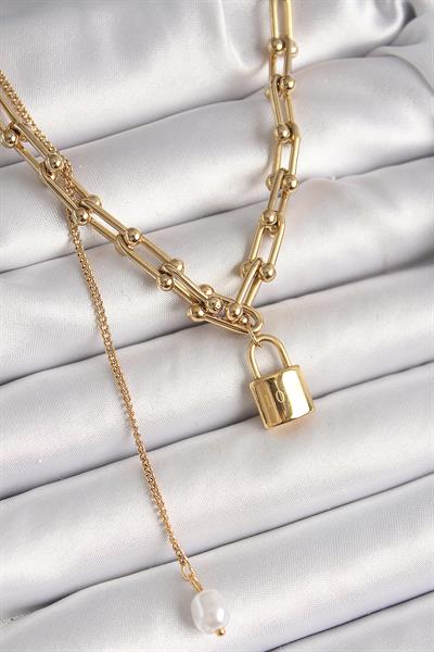 316L Çelik Gold Renk Tiffany Zincir Model Kilit Figür Sallantı İnci Detay Kadın Kolye – PRT3500EB04437