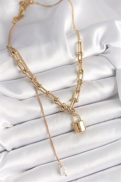 316L Çelik Gold Renk Tiffany Zincir Model Kilit Figür Sallantı İnci Detay Kadın Kolye – PRT3500EB04437