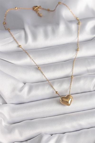 316L Çelik Gold Renk Topçuk Detaylı Zincir Kalp Model Kadın Kolye – PRT3500EB03780