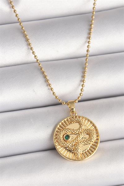 316L Çelik Gold Renk Topçuk Zincir Yılan İşlemeli Zirkon Taş Detaylı Madalyon Model Kadın Kolye – PRT3500EB03949