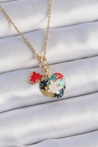 316L Çelik Gold Renk Yapboz Motif Kalp Figür Charm Model Kadın Kolye – PRT3500EB02459