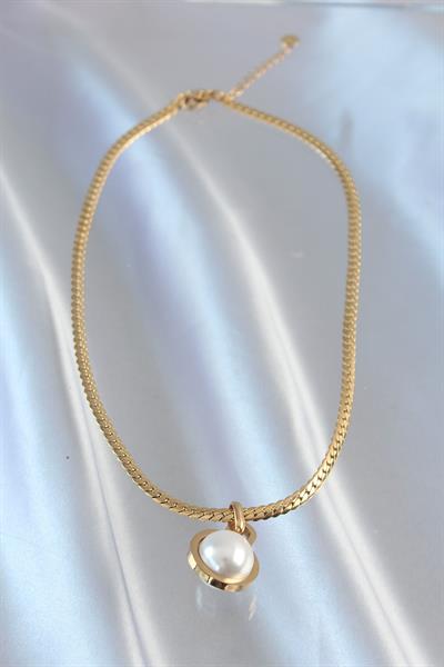 316L Çelik Gold Renk Yassı Zincir İnci Taşlı Kolye – PRT3500EB01817