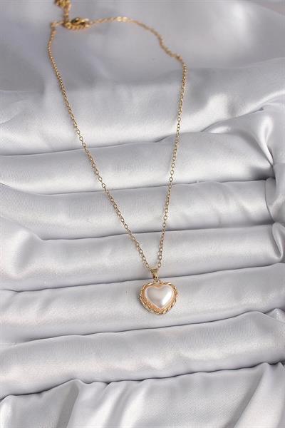 316L Çelik Gold Renk Zincir 3D İnci Kalp Model Kadın Kolye – PRT3500EB03636