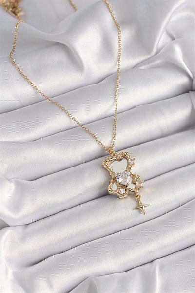 316L Çelik Gold Renk Zincir Ayna Ayıcık Model Zirkon Taşlı Kalp Model Kadın Kolye – PRT3500EB03289