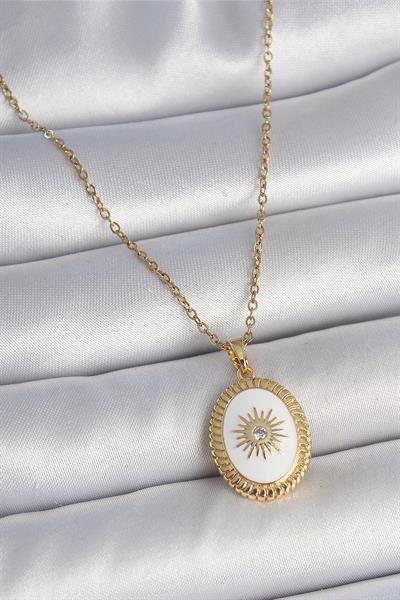 316L Çelik Gold Renk Zincir Beyaz Mineli Güneş İşlemeli Zirkon Taş Detaylı Madalyon Model Kadın Kolye – PRT3500EB05460