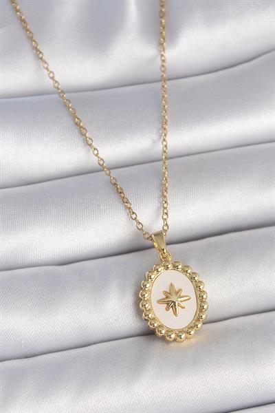 316L Çelik Gold Renk Zincir Beyaz Mineli Kutup Yıldız İşlemeli Madalyon Model Kadın Kolye – PRT3500EB05468