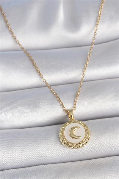 316L Çelik Gold Renk Zincir Beyaz Mineli Hilal İşlemeli Madalyon Model Kadın Kolye – PRT3500EB05440