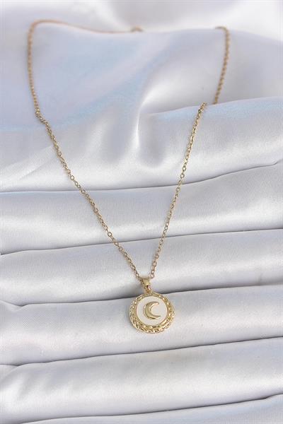316L Çelik Gold Renk Zincir Beyaz Mineli Hilal İşlemeli Madalyon Model Kadın Kolye – PRT3500EB05440
