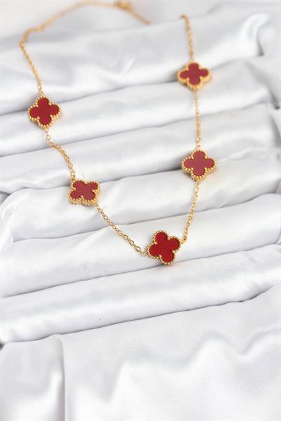 316L Çelik Gold Renk Zincir Bordo Yonca Kadın Kolye – PRT3500EB08920