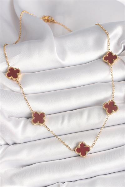 316L Çelik Gold Renk Zincir Bordo Yonca Model Kadın Kolye – PRT3500EB04359
