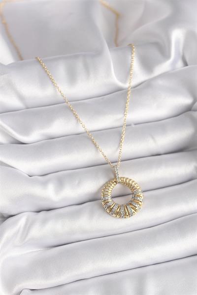 316L Çelik Gold Renk Zincir Gümüş Zirkon Taşlı Daire Model Kadın Kolye – PRT3500EB02822