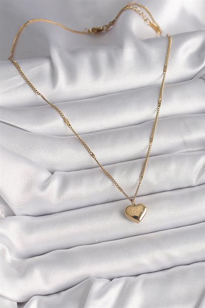 316L Çelik Gold Renk Zincir Love İşlemeli Kalp Figür Kadın Kolye – PRT3500EB03786