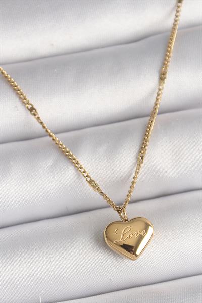 316L Çelik Gold Renk Zincir Love İşlemeli Kalp Figür Kadın Kolye – PRT3500EB03786