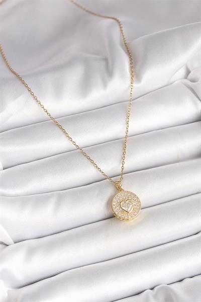 316L Çelik Gold Renk Zincir Madalyon Zirkon Taşlı Kalp Model Kadın Kolye – PRT3500EB04502
