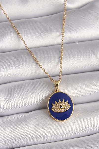 316L Çelik Gold Renk Zincir Mavi Mineli Zirkon Taşlı Göz İşleme Kadın Kolye – PRT3500EB02837