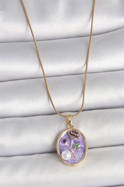 316L Çelik Gold Renk Zincir Mor Çiçek İşlemeli İnci Detay Portre Model Kadın Kolye - PRT3500EB05640