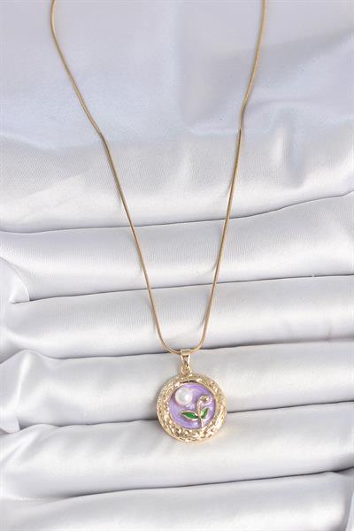 316L Çelik Gold Renk Zincir Mor Çiçek İşlemeli İnci Detay Potre Model Kadın Kolye – PRT3500EB05643