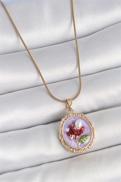 316L Çelik Gold Renk Zincir Mor Mineli İncili Çiçek İşlemeli Portre Model Kadın Kolye – PRT3500EB05810