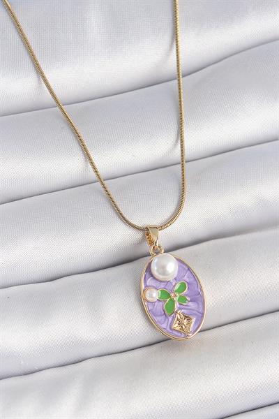 316L Çelik Gold Renk Zincir Mor Mineli Oval İncili Çiçek İşlemeli Portre Model Kadın Kolye – PRT3500EB05831