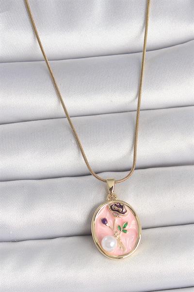 316L Çelik Gold Renk Zincir Pembe Çiçek İşlemeli İnci Detay Portre Model Kadın Kolye – PRT3500EB05639