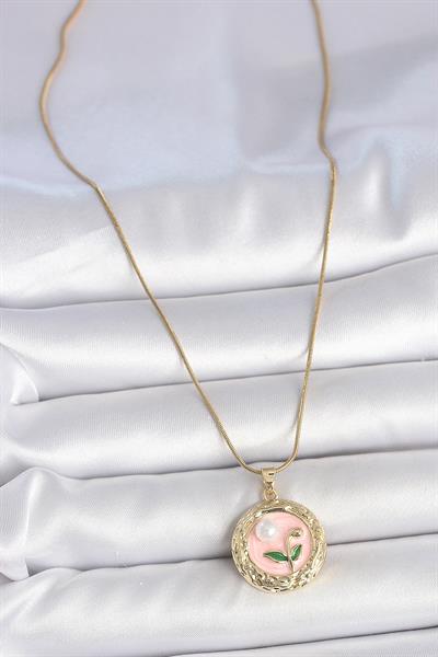 316L Çelik Gold Renk Zincir Pembe Çiçek İşlemeli inci Detay Portre Model Kadın Kolye – PRT3500EB05641