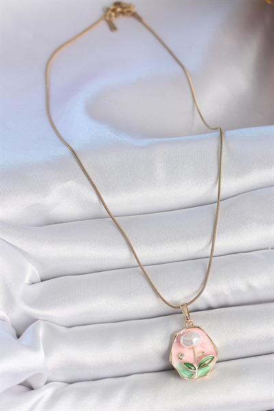 316L Çelik Gold Renk Zincir Pembe Çiçek İşlemeli İnci Detay Portre Model Kadın Kolye – PRT3500EB05779