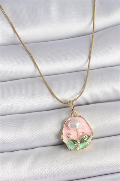 316L Çelik Gold Renk Zincir Pembe Çiçek İşlemeli İnci Detay Portre Model Kadın Kolye – PRT3500EB05779
