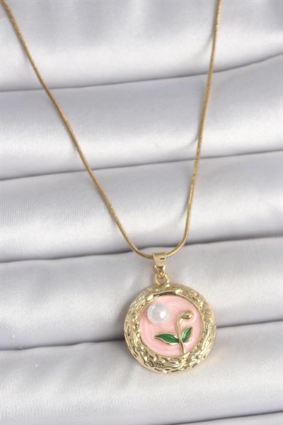 316L Çelik Gold Renk Zincir Pembe Çiçek İşlemeli inci Detay Portre Model Kadın Kolye – PRT3500EB05641