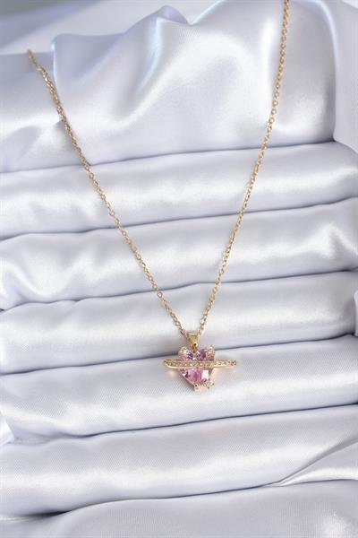 316L Çelik Gold Renk Zincir Pembe Kristal Kalp Model Zirkon Taş Detay Kadın Kolye – PRT3500EB00638