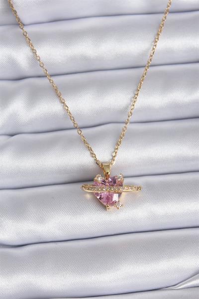 316L Çelik Gold Renk Zincir Pembe Kristal Kalp Model Zirkon Taş Detay Kadın Kolye – PRT3500EB00638