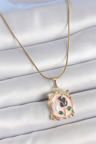 316L Çelik Gold Renk Zincir Pembe Mineli Çiçek İşlemli İnci Detay Portre Model Kadın Kolye – PRT3500EB05839