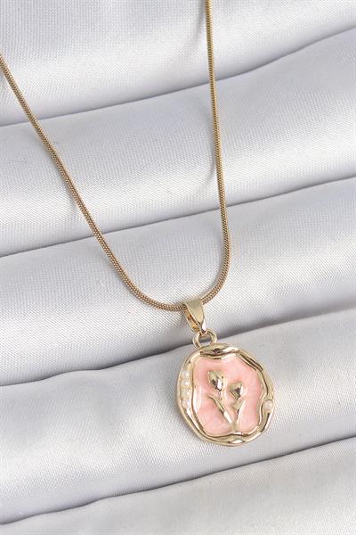 316L Çelik Gold Renk Zincir Pembe Mineli Çiçek İşlemeli Portre Model Kadın Kolye – PRT3500EB05819